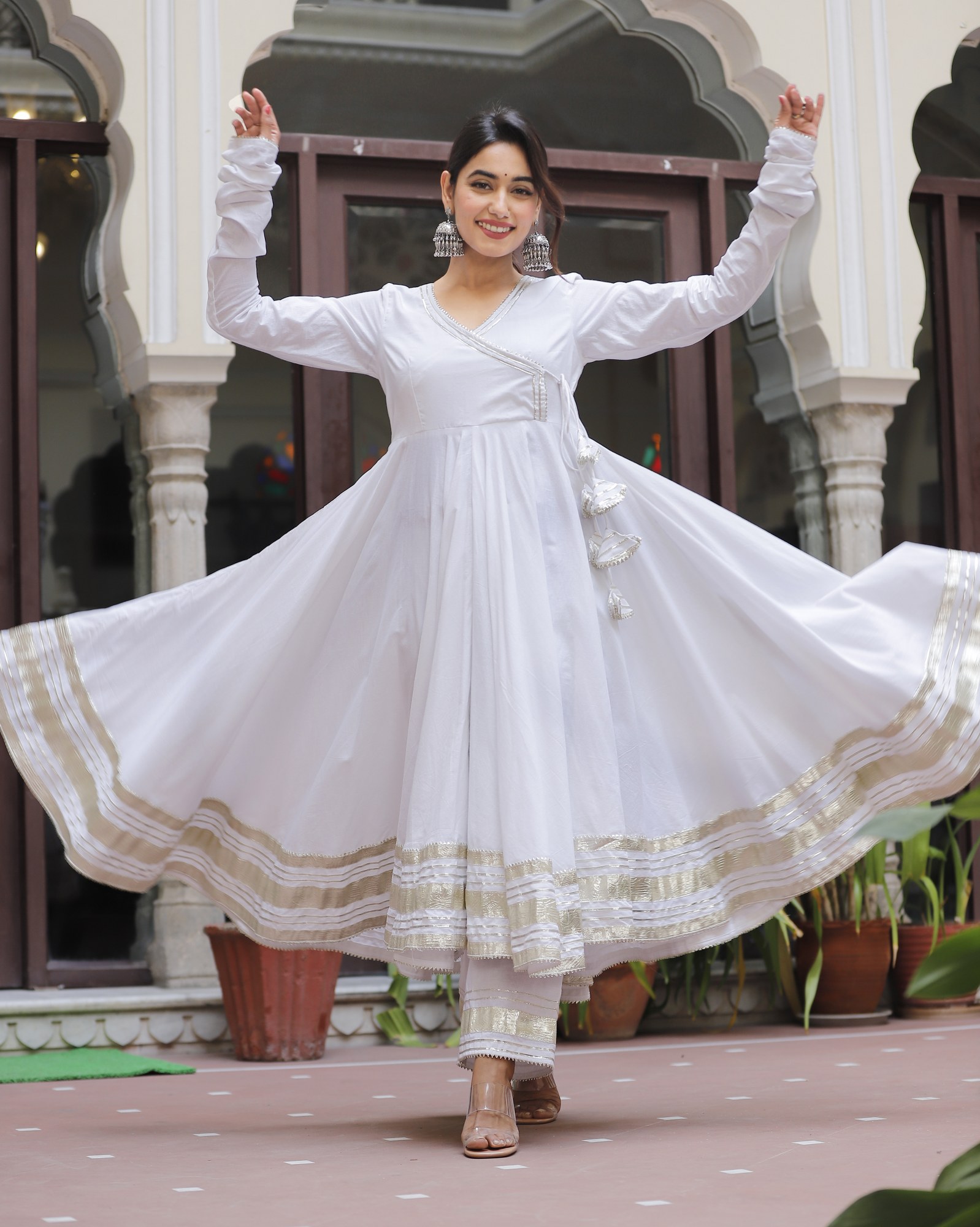 White Gota Jaal Anarkali Set Lado Jaipuri